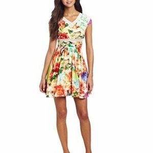 Macy's Floral Cap Sleeve Sheer Back Dress NWT